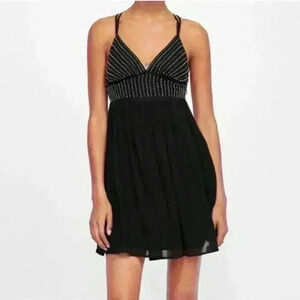 Zara Beaded Empire Waist V-Neck Chiffon Black Mini Dress